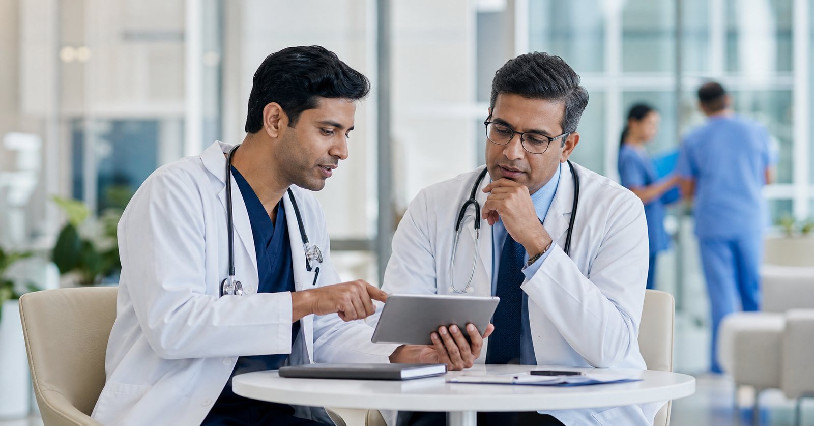 Doctors discussing clinical learning on a tablet