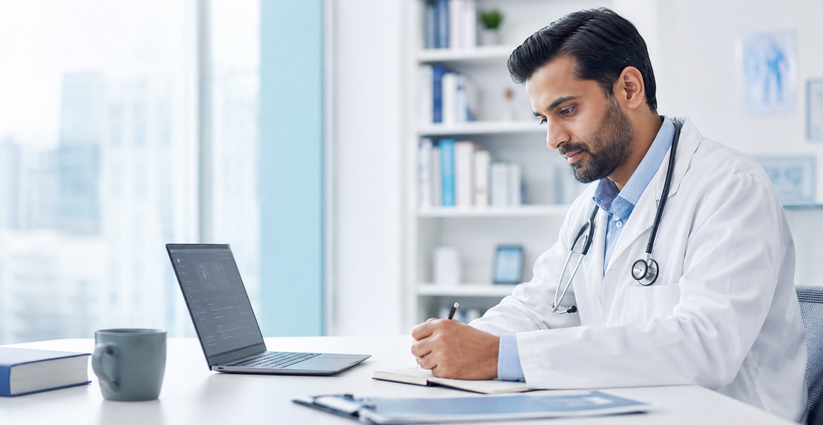 Doctor completing professional learning at a desk